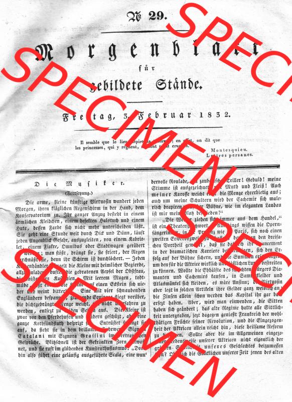 Morgenblatt 1832, Freitag, 3. Februar, Nr. 29, Seite 113, Die Musiker. Das Digitale Bild / Foto einer Einzelseite der relativ wertvollen „Morgenblatt... Sammlung