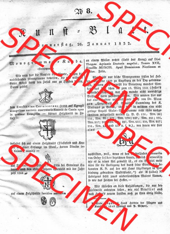 Morgenblatt 1832, Donnerstag 26 Januar, Nr. 8, Seite 29, Kunst-Blatt, Monogrammen - Kunde. Das Digitale Bild / Foto vom Kunstblatt der relativ wertvollen... Sammlung