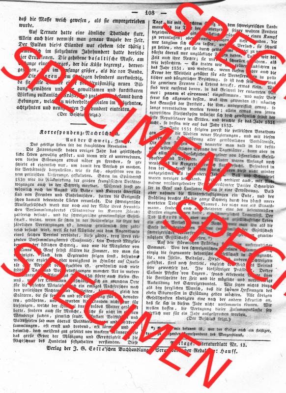 Morgenblatt 1832, Mittwoch, 1. Februar, Nr. 27, Seite 108, Korrespondenz Nachrichten. Das Digitale Bild / Foto einer Einzelseite der relativ wertvollen... Sammlung