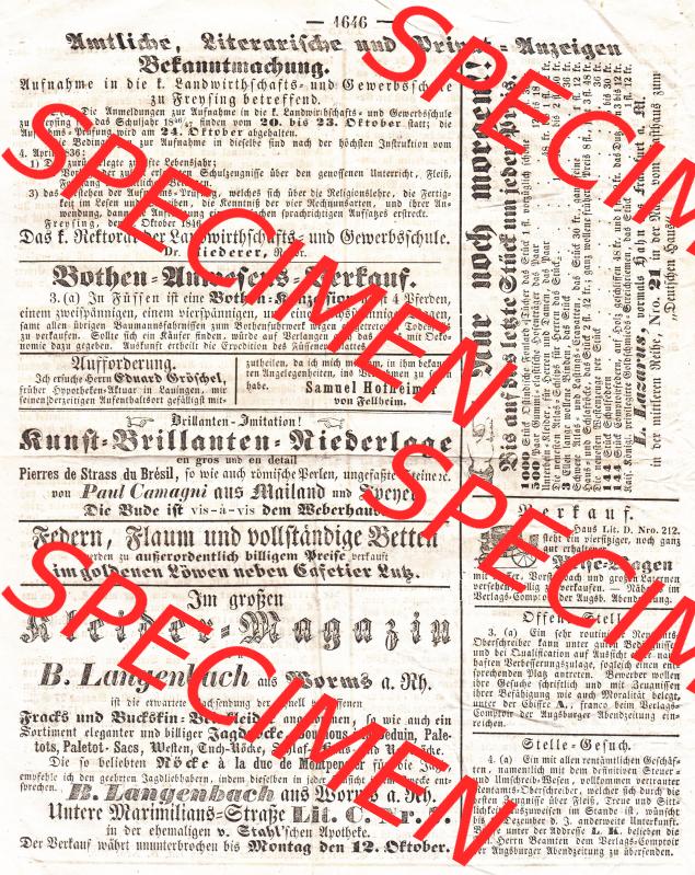 Augsburg 1846, 284, Sonntag 11. Oktober, Augsburger Abendzeitung Seite 1646 (1). Die Digitalen JPG-Bilder der digitalisierten Augsburger Zeitung aus dem Jahr 1846,... Sammlung