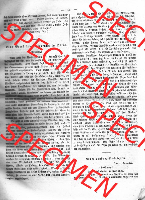Morgenblatt 1832, 5 Januar, Nr. 4, Seite 15, Artikel „Eine Gemälde-Versteigerung in Paris“. Das Digitale Bild / Foto der relativ... Sammlung