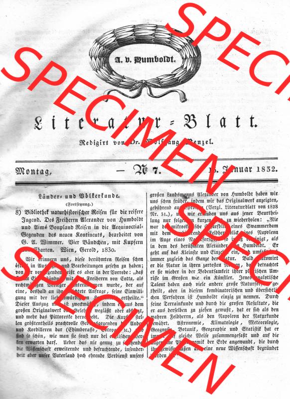 Morgenblatt 1832, Montag 16 Januar, Nr. 7, Seite 25, A. D. Humboldt, Länder und Völkerkunde. Das Digitale Bild / Foto der relativ... Sammlung