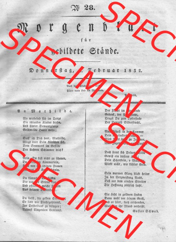 Morgenblatt 1832, Donnerstag, 2. Februar, Nr. 28, Seite 109 Un Mathilde. Das Digitale Bild / Foto einer Einzelseite der relativ wertvollen „Morgenblatt... Sammlung