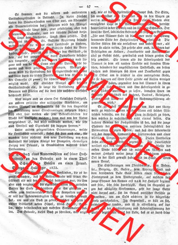 Morgenblatt 1832, Mittwoch 1 Februar, Nr. 12, Seite 47, Artikel Länder und Völkerkunde. Das Digitale Bild / Foto von einer Seite der Literaturblatt-Beilage,... Sammlung