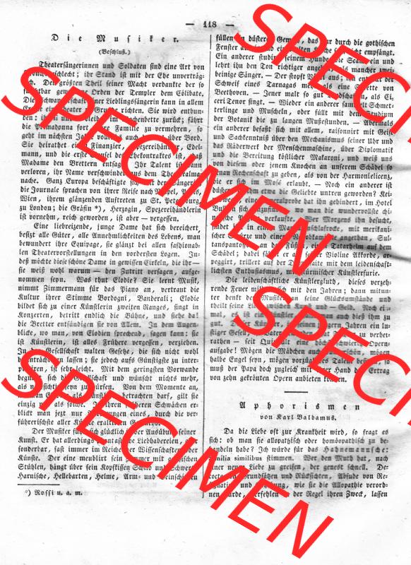 Morgenblatt 1832, Sonnabend, 4. Februar, Nr. 30, Seite 118, Die Musiker. Das Digitale Bild / Foto einer Einzelseite der relativ wertvollen „Morgenblatt... Sammlung