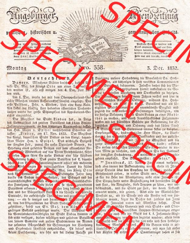 Augsburg 1832, 338, Montag 3. Dezember, Augsburger Abendzeitung Seite 1349. Die Digitalen JPG-Bilder der digitalisierten Augsburger Zeitung können heruntergeladen werden. Sammlung