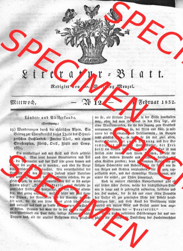 Morgenblatt 1832, Mittwoch 1 Februar, Nr. 12, Seite 45, Literatur-Blatt mit Länder und Völkerkunde. Das Digitale Bild / Foto von einer Seite der Literaturblatt-Beilage,... Sammlung