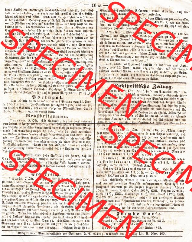Augsburg 1846, 284, Sonntag 11. Oktober, Augsburger Abendzeitung Seite 1645 (1). Die Digitalen JPG-Bilder der digitalisierten Augsburger Zeitung aus dem Jahr 1846,... Sammlung