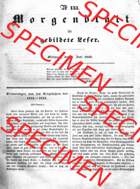 Morgenblatt für gebildete Leser 1845, Mittwoch, 4. Juni, Nr. 133, Seite 529, Erinnerungen aus den Kriegsjahren 1812-1815. Das Digitale Bild /... Sammlung