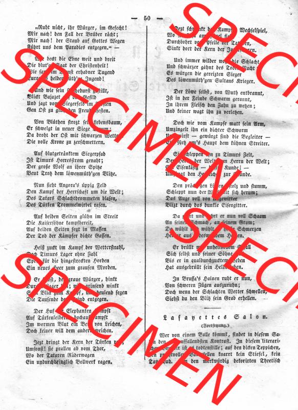 Morgenblatt 1832, Montag, 16 Januar, Nr. 13, Seite 50, Bajazet und Anfang Lafayettes Salon. Das Digitale Bild / Foto der relativ wertvollen „Morgenblatt... Sammlung