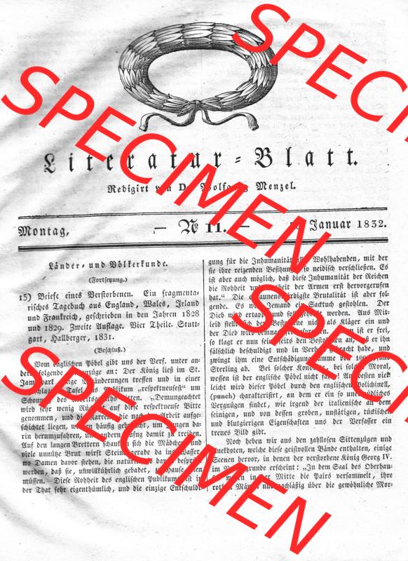 Morgenblatt 1832, Montag 30 Januar, Nr. 11, Seite 41, Literatur-Blatt mit Länder und Völkerkunde. Das Digitale Bild / Foto der relativ wertvollen „Morgenblatt... Sammlung