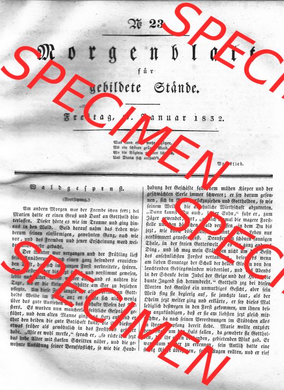 Morgenblatt 1832, Freitag, 27 Januar, Nr. 23, Seite 89, Waldgespenst Fortsetzung. Das Digitale Bild / Foto der relativ wertvollen „Morgenblatt für... Sammlung