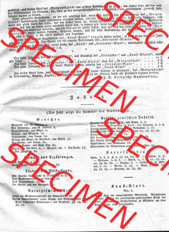 Morgenblatt 1832, Inhaltsverzeichnis Seite 1, Morgenblatt für gebildete Stände, Januar/Februar 1832. Das Digitale Bild / Foto vom Inhalt / Inhaltsverzeichnis... Sammlung