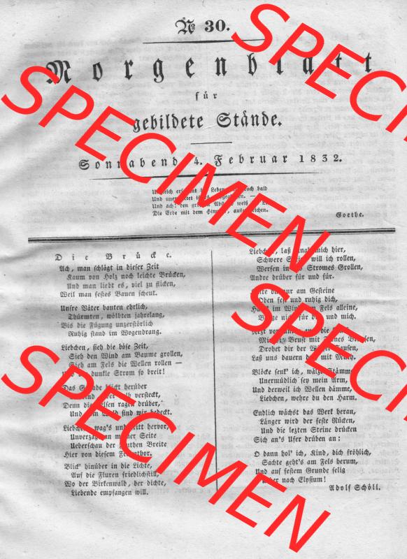 Morgenblatt 1832, Sonnabend, 4. Februar, Nr. 30, Seite 117, Die Brüde. Das Digitale Bild / Foto einer Einzelseite der relativ wertvollen „Morgenblatt... Sammlung