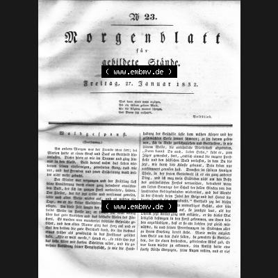 Morgenblatt 1832, Freitag, 27 Januar, Nr. 23, Seite 89, Waldgespenst Fortsetzung. Das Digitale Bild / Foto der relativ wertvollen „Morgenblatt für... Sammlung