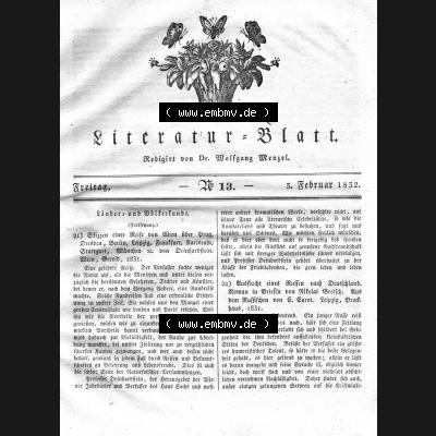 Morgenblatt 1832, Freitag 3 Februar, Nr. 13, Seite 49, Literatur-Blatt mit Länder und Völkerkunde. Das Digitale Bild / Foto von einer Seite der Literaturblatt-Beilage... Sammlung
