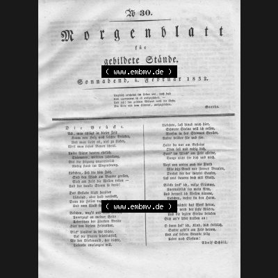 Morgenblatt 1832, Sonnabend, 4. Februar, Nr. 30, Seite 117, Die Brüde. Das Digitale Bild / Foto einer Einzelseite der relativ wertvollen „Morgenblatt... Sammlung