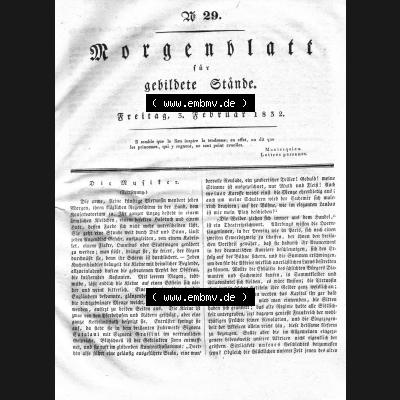 Morgenblatt 1832, Freitag, 3. Februar, Nr. 29, Seite 113, Die Musiker. Das Digitale Bild / Foto einer Einzelseite der relativ wertvollen „Morgenblatt... Sammlung