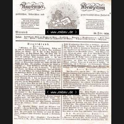 Augsburg 1838, Nr. 59, Mittwoch 28. Februar, Augsburger Abendzeitung Seite 233. Die Digitalen JPG-Bilder der digitalisierten Augsburger Zeitung 1838 können heruntergeladen... Sammlung