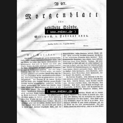 Morgenblatt 1832, Mittwoch, 1. Februar, Nr. 27, Seite 105, Artikel Die Musiker. Das Digitale Bild / Foto einer Einzelseite der relativ wertvollen... Sammlung