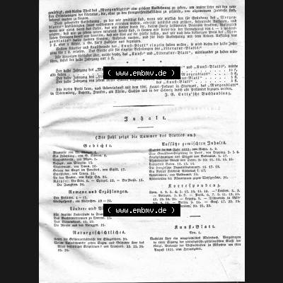 Morgenblatt 1832, Inhaltsverzeichnis Seite 1, Morgenblatt für gebildete Stände, Januar/Februar 1832. Das Digitale Bild / Foto vom Inhalt / Inhaltsverzeichnis... Sammlung
