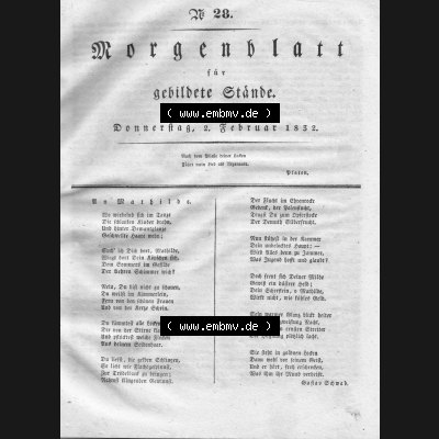 Morgenblatt 1832, Donnerstag, 2. Februar, Nr. 28, Seite 109 Un Mathilde. Das Digitale Bild / Foto einer Einzelseite der relativ wertvollen „Morgenblatt... Sammlung
