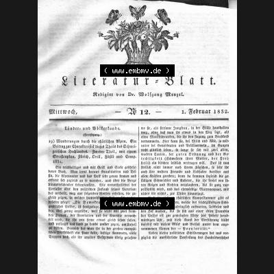 Morgenblatt 1832, Mittwoch 1 Februar, Nr. 12, Seite 45, Literatur-Blatt mit Länder und Völkerkunde. Das Digitale Bild / Foto von einer Seite der Literaturblatt-Beilage,... Sammlung