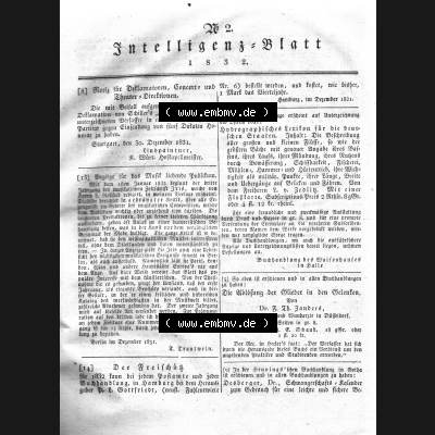 Morgenblatt 1832, Sonnabend 14 Januar, Nr. 2, Seite 5, Intelligenz-Blatt, Notiz für Deflamatoren. Das Digitale Bild / Foto der relativ wertvollen „Morgenblatt... Sammlung