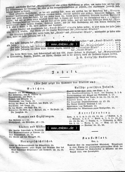 Morgenblatt 1832, Inhaltsverzeichnis Seite 1, Morgenblatt für gebildete Stände, Januar/Februar 1832. Sammlung