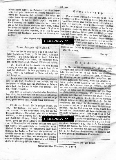 Morgenblatt 1832, Sonnabend 4 Februar, Nr. 10, Seite 40, Kunst-Blatt, Bemerkung über Kunst und Erwiderung. Sammlung