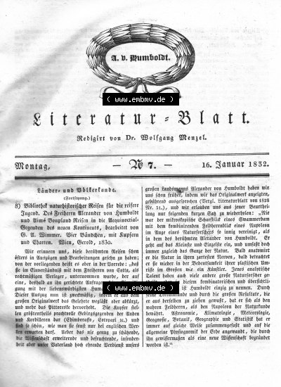Morgenblatt 1832, Montag 16 Januar, Nr. 7, Seite 25, A. D. Humboldt, Länder und Völkerkunde. Sammlung