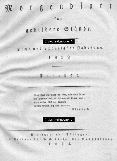 Morgenblatt 1832, Inhaltsverzeichnis Seite 3, Morgenblatt für gebildete Stände, Januar/Februar 1832. Sammlung