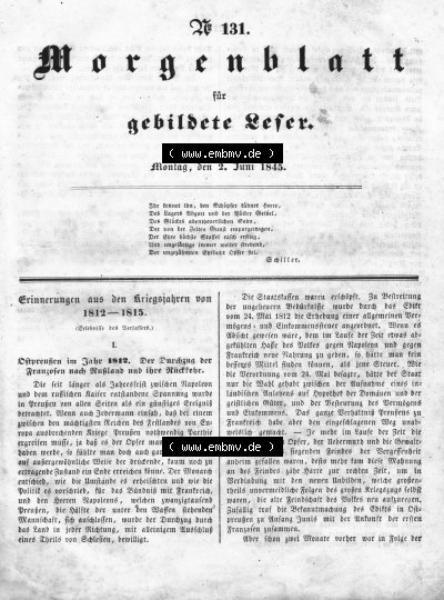 Morgenblatt für gebildete Leser 1845, Montag, 2. Juni, Nr. 131, Seite 521, Erinnerungen aus den Kriegsjahren 1812-1815. Sammlung