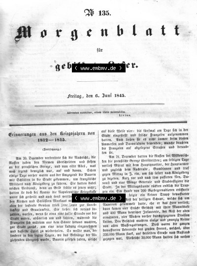 Morgenblatt für gebildete Leser 1845, Freitag, 6. Juni, Nr. 135, Seite 537, Erinnerungen aus den Kriegsjahren 1812-1815. Sammlung