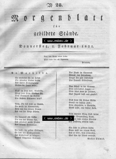Morgenblatt 1832, Donnerstag, 2. Februar, Nr. 28, Seite 109 Un Mathilde. Sammlung
