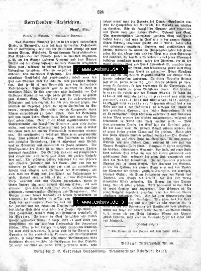 Morgenblatt für gebildete Leser 1845, Montag, 2. Juni, Nr. 131, Seite 524, Korrespondenz Nachrichten, Genf, Redakteur Hauff. Sammlung