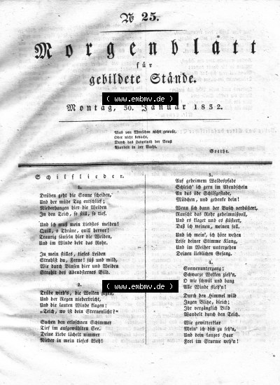 Morgenblatt 1832, Montag, 30. Januar, Nr. 25, Seite 97, Lied, Gedicht Strophen bzw. Ferse. Sammlung