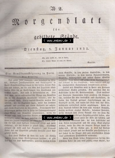 Morgenblatt 1832, 3 Januar, Nr. 2, Seite 5, Titelblatt. Sammlung