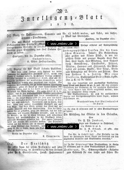 Morgenblatt 1832, Sonnabend 14 Januar, Nr. 2, Seite 5, Intelligenz-Blatt, Notiz für Deflamatoren. Sammlung
