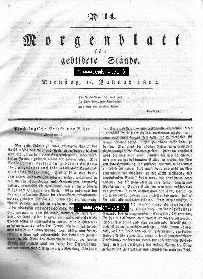 Morgenblatt 1832, Dienstag, 17 Januar, Nr. 14, Seite 53, Psychologische Briefe von Fichte. Sammlung