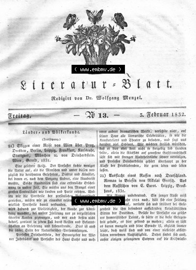 Morgenblatt 1832, Freitag 3 Februar, Nr. 13, Seite 49, Literatur-Blatt mit Länder und Völkerkunde. Sammlung