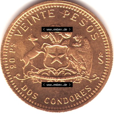 Amerika Chile Goldmünze 1976, 20 Pesos. Hier befindet sich eine Goldmünze aus Chile als Digitales Bild im online Katalog zum... Sammlung