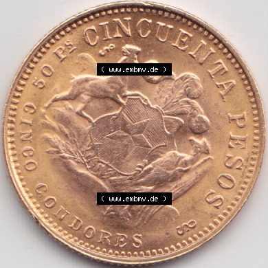 Amerika Chile Goldmünze 1969, 50 Pesos. Hier befindet sich eine Goldmünze aus Chile als Digitales Bild im online Katalog zum... Sammlung