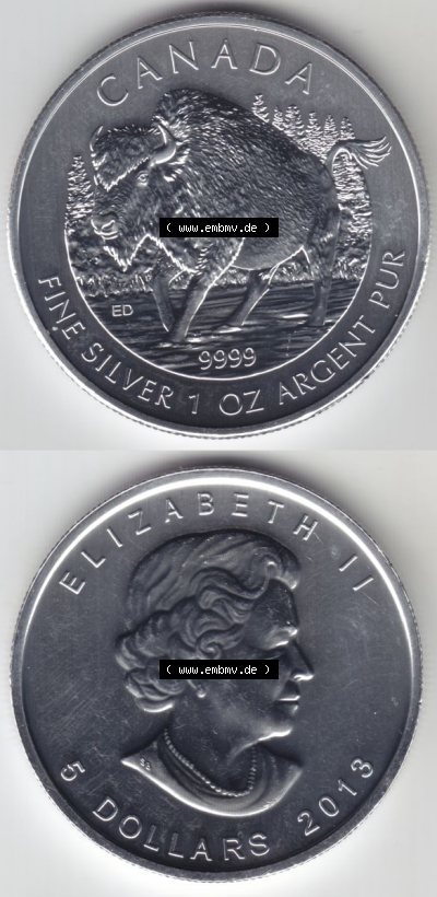 Kanada / Canada Silbermünze 2013-2013, 5 Dollars Bison Wildlife. Hier befindet sich die Vorderseite und Rückseite einer Silbermünze... Sammlung