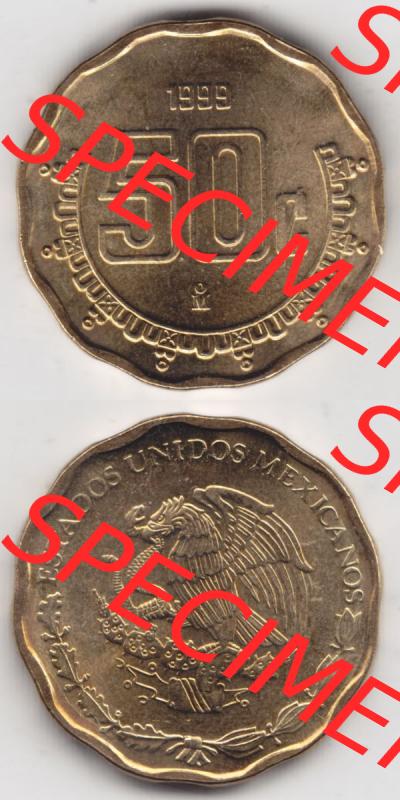 Münzen Mexiko / Mexico 1992-2009, 50 Centavos 1999. Hier befindet sich die einer Umlaufmünze aus Mexiko / Mexico als vertikales untereinander angefügtes Bild der Vorderseite... Sammlung