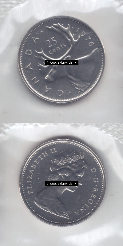 Kanada / Canada Umlaufmünze 1968-1978, 25 Cent 1976. Hier befindet sich die Vertikale Ansicht einer Umlaufmünze 1976 aus Kanada... Sammlung