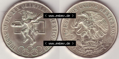 Münzen Mexiko / Mexico 1968-1968, 25 Pesos Olympia, Silbermünze. Hier befindet sich die einer Silbermünze aus Mexiko / Mexico... Sammlung