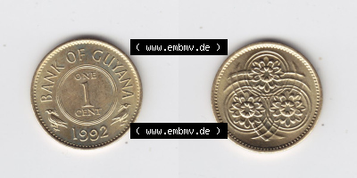 Münzen Guyana 1992, 1 One Cent. Hier befindet sich die Vorderseite und Rückseite einer Umlaufmünze aus Guyana als Digitales... Sammlung