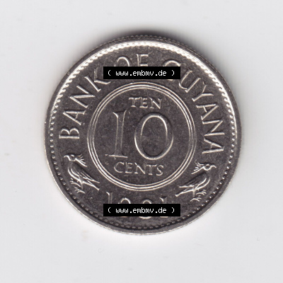 Münzen Guyana 1991, 10 Ten Cents. Hier befindet sich die Vorderseite einer Umlaufmünze aus Guyana als Digitales Bild im online... Sammlung