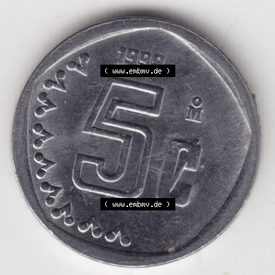 Münzen Mexiko / Mexico 1992-2002, 5 Centavos 1998. Hier befindet sich die Vorderseite einer Umlaufmünze aus Mexiko / Mexico... Sammlung
